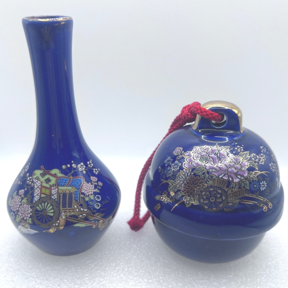 Cobalt Blue Vase Bell Set Kutani Japanese Porcelain Hand Painted Gold Gild Small